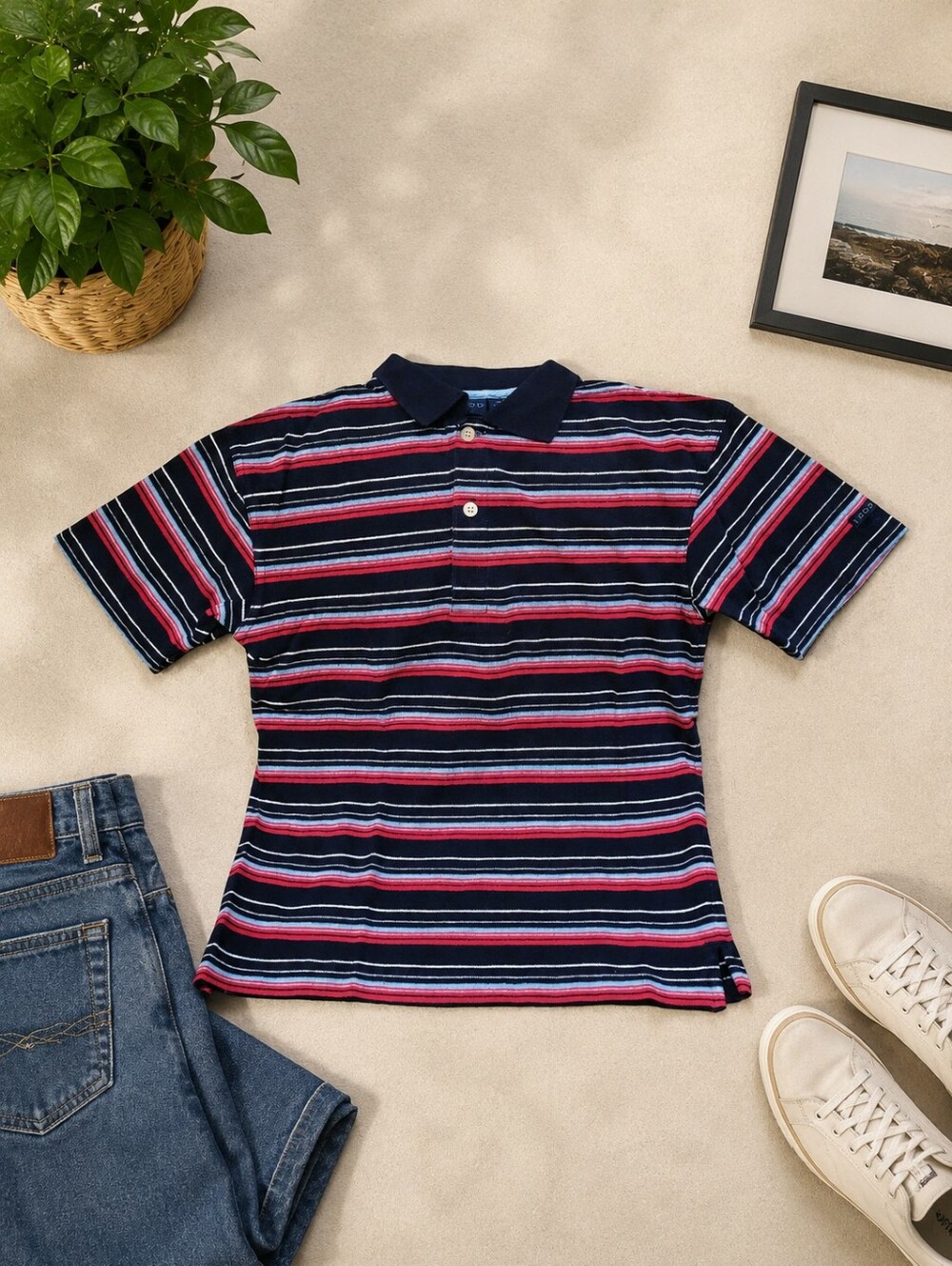 Izod Navy Striped Polo with Red and Light Blue Accents